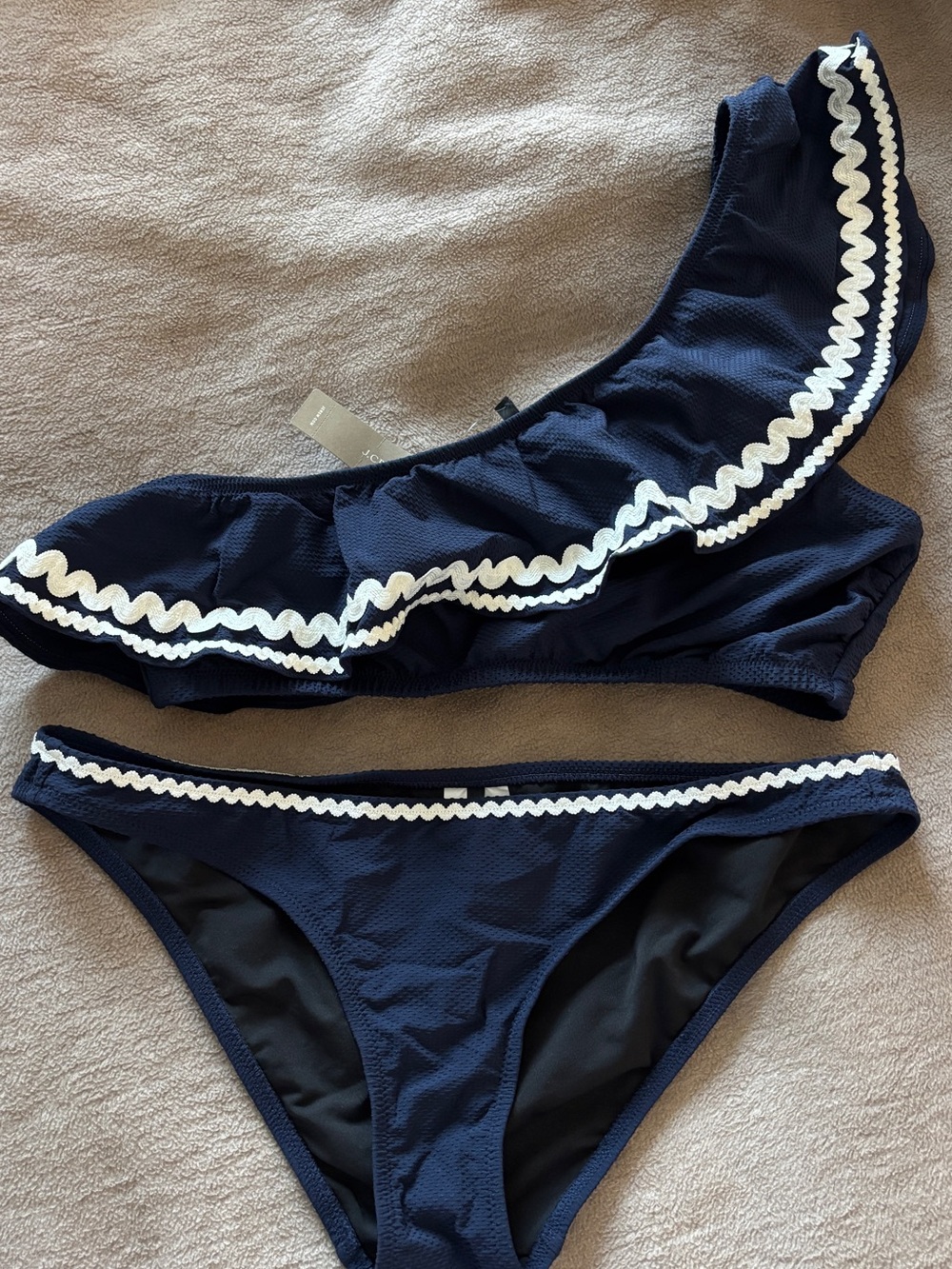 J. Crew Navy One-Shoulder Ruffle Bikini with White Scallop Trim